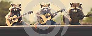 Three Comical Raccoons Embark On A Musical Journey Riding In A Car With A Guitar In Tow