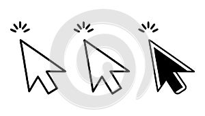 Three computer cursor icons with click animation mouse cursor