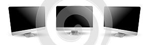 Three Computer Monitors with black screen. Vector illustration mockup.