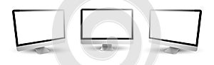 Three Computer Monitors with blank white screen. Vector illustration mockup.