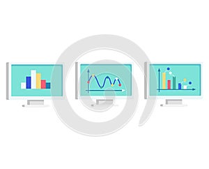 Three computer monitors displaying colorful bar, line, and pie charts. Animated data analysis graphics on screens vector