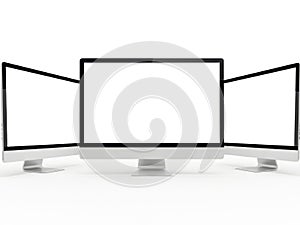 Three computer monitors isolated on white background