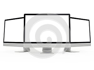Three computer monitors isolated on white background