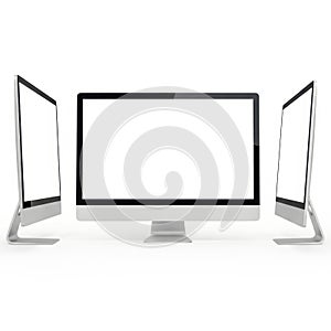 Three computer monitors isolated on white background