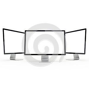 Three computer monitors isolated on white background