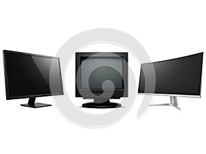 Three computer monitors isolated on white background