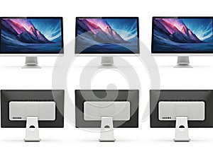 Three computer monitors isolated on white background