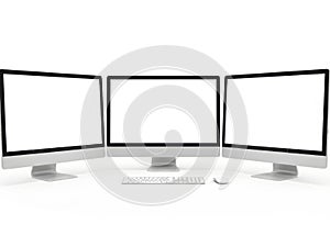 Three computer monitors with keyboards and mice isolated on white background
