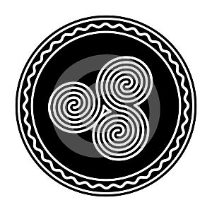 Three connected Celtic double spirals, within a circle frame