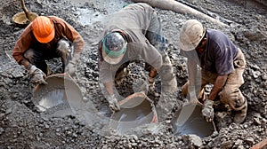 Three Construction Workers Mixing Concrete With Shovels