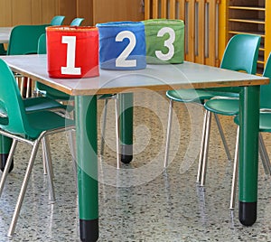 Three containers for games and stationery with numbers 1 2 3 on the table