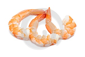 Three cooked unshelled tiger shrimps isolated on white background concept.