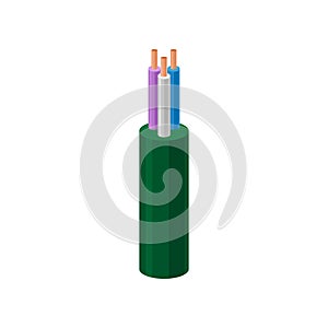 Three core electric cable, connection copper wires, electrical supplies vector Illustration