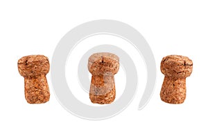 Three corks of champagne or sparkling wine bottle on a white background isolated close up