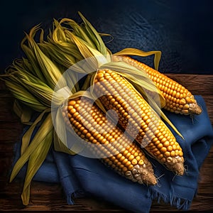 Three corn cobs with leaves on navy blue fabric, wooden boards. Corn as a dish of thanksgiving for the harvest