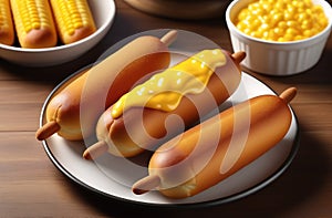 Three corndogs with mustard sauce lying on a plate on the table close-up. American Fast Food