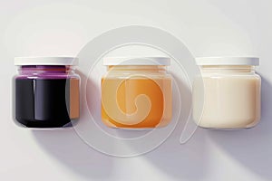 Three cosmetic jars with varied liquids, ideal for advertising mockups