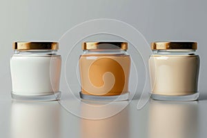 Three cosmetic jars with varied liquids, ideal for advertising mockups