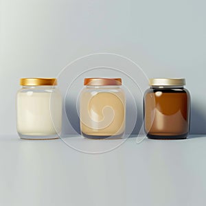 Three cosmetic jars with varied liquids, ideal for advertising mockups