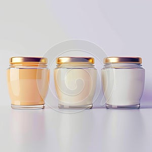 Three cosmetic jars with varied liquids, ideal for advertising mockups
