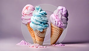 Three cotton candy flavored ice cream cones isolated on a white background. Pink, blue and purple color.