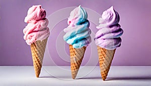 Three cotton candy flavored ice cream cones isolated on a white background. Pink, blue and purple color.