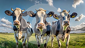 Three cows standing in a field, looking curious