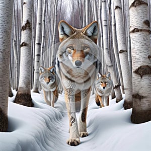 Three Coyotes Wilderness Wintertime Birch Trees Snowy Pathway Forest Canada AI Generated