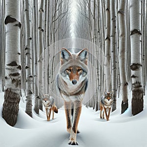 Three Coyotes Wilderness Wintertime Birch Trees Snowy Pathway Forest Canada AI Generated