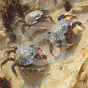 Three Crabs on Sandy Shore