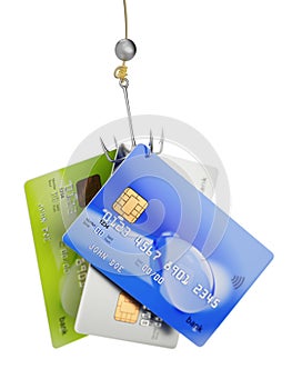 Three credit cards on fishing hook 3d illustration fraud concept