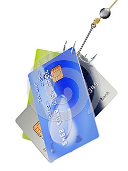 Three credit cards on fishing hook fraud concept 3d illustration