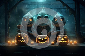 Three creepy cartoon characters and three creepy pumpkins, in a night scene with a foggy atmosphere and halloween theme