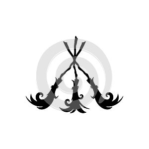 Three crossed brooms. Witch broom. Halloween party logo. Witchcraft and wizardry photo