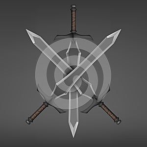 Three crossed medieval sword isolated on dark background. Vector illustration