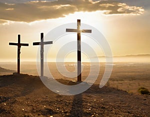 The three crosses of calvary against a glorious sunset set for Easter celebrations