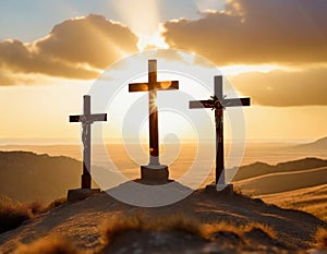 The three crosses of calvary against a glorious sunset set for Easter celebrations