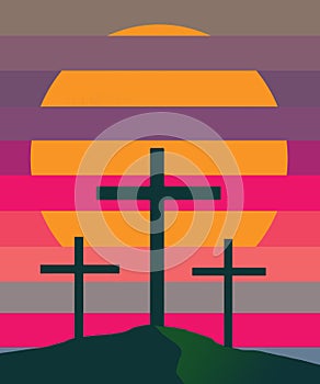 The three crosses of the crucifixion of Jesus Christ  are seen in silhouettes