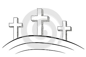 Three crosses. Easter - resurrection of Jesus Christ. Freehand drawing