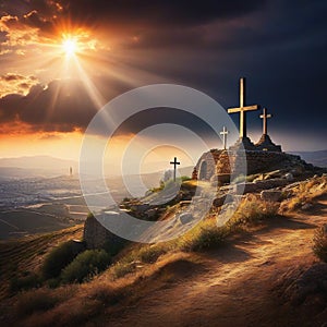 three crosses on Golgotha near the death of the crucifixion of