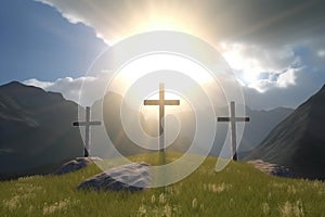 Three crosses on green hill in sunset background. Generative AI