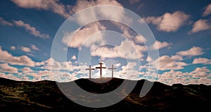 Three crosses on the hill with clouds moving on blue starry sky