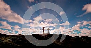 Three crosses on the hill with clouds moving on blue starry sky