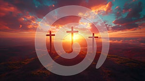 Three crosses on a hill at sunset and blue sky