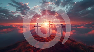 Three crosses on a hill at sunset and blue sky