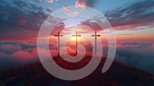 Three crosses on a hill at sunset and blue sky