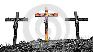 Three Crosses of Jesus Christ on top of the hill in black and white background. Holy week of Easter concept. Good Friday