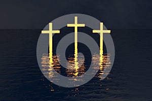 Three crosses over water glow in dark