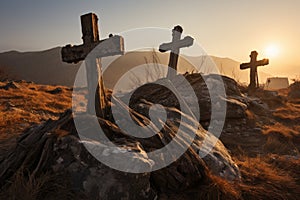 Three Crosses on Rocky Hillside