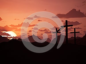 Three crosses on sacred jerusalem mountain at sunset